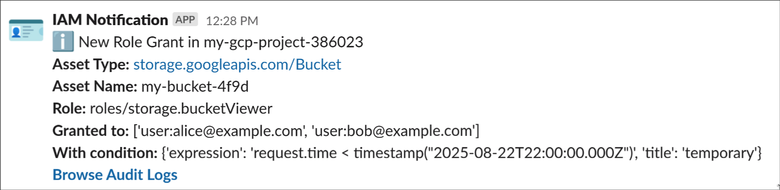 Slack IAM notification showing a new GCP role grant for a storage bucket, detailing asset type, asset name, role, granted users, and condition with link to audit logs