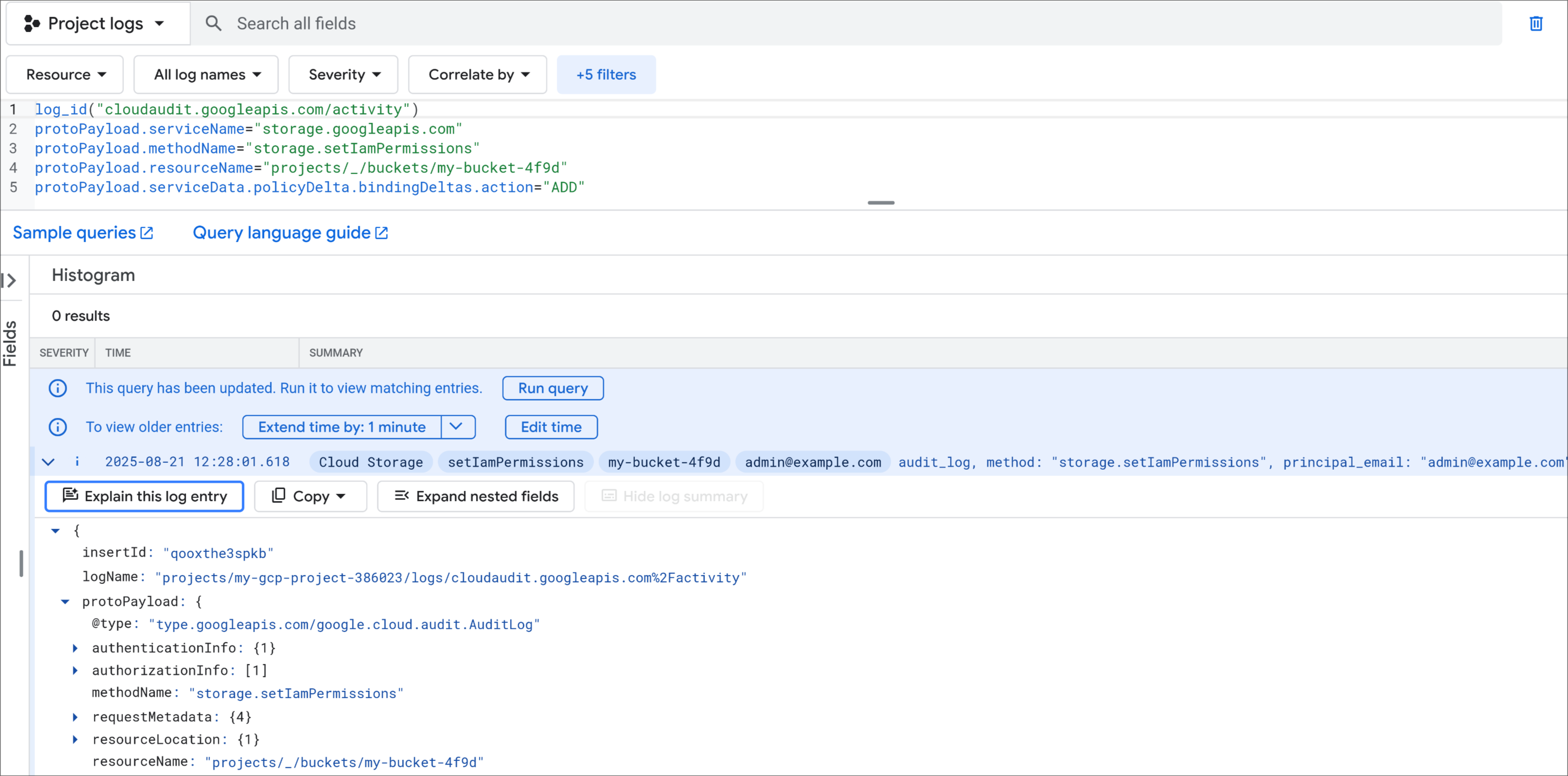 Google Cloud audit logs interface showing a query for setIamPermissions method on a storage bucket with detailed log entry data
