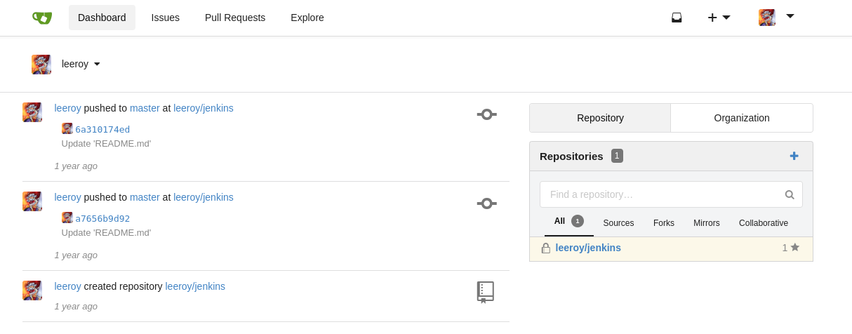 Git hosting dashboard showing user leeroy creating and pushing updates to the repository named jenkins, with commits to the master branch