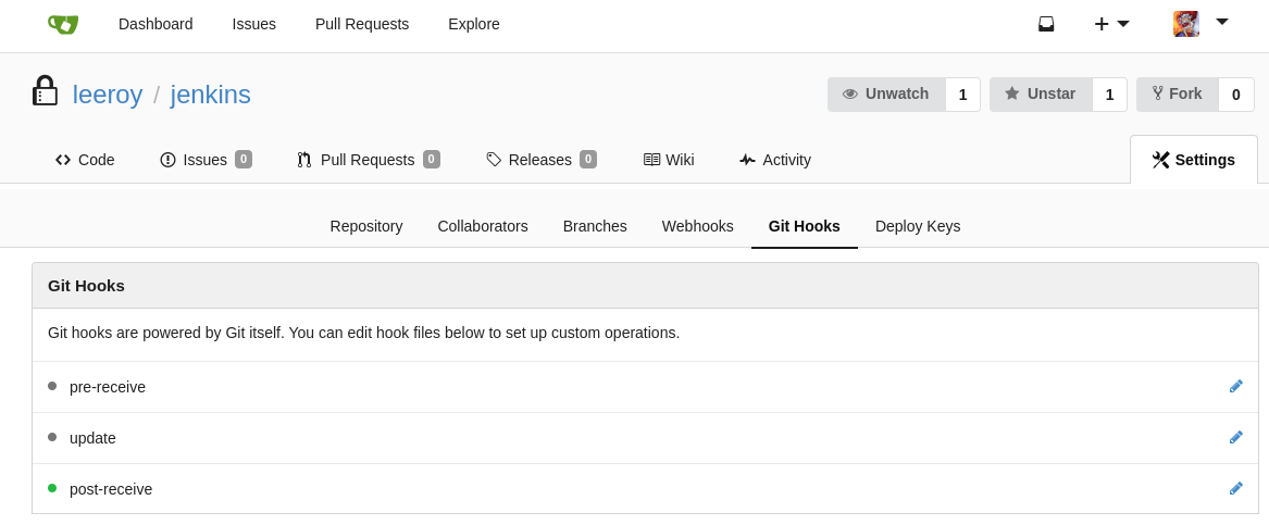Git repository settings page for leeroy/jenkins showing Git Hooks section with pre-receive, update, and post-receive hooks