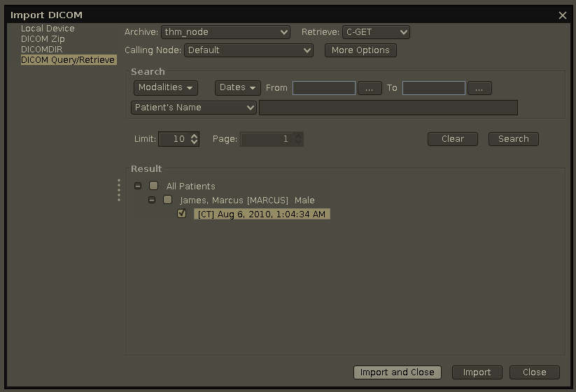 Import DICOM interface showing query and retrieval options with search filters for modalities, dates, and patient name, displaying a CT scan record for Marcus James