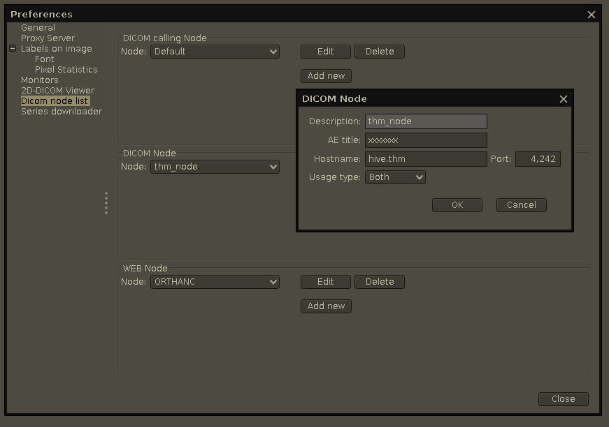 Software preferences window showing configuration of a DICOM node with fields for description, AE title, hostname, port, and usage type